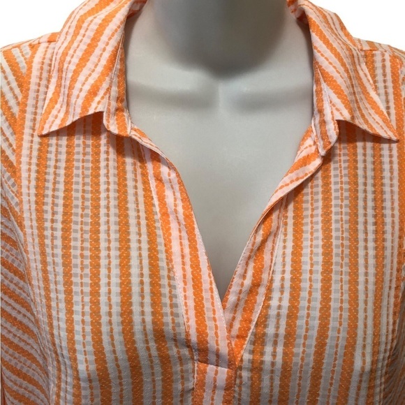 Chico’s Tunic Top Sz. 2/L Orange & White Stripe Roll Tab 3/4 Sleeve Casual Shirt - Picture 2 of 7